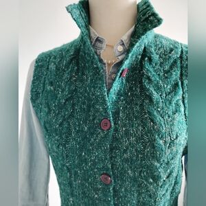 L.L.Bean Wool Blend Cardigan Sweater Vest Cable Knit Green Cozy Size Medium